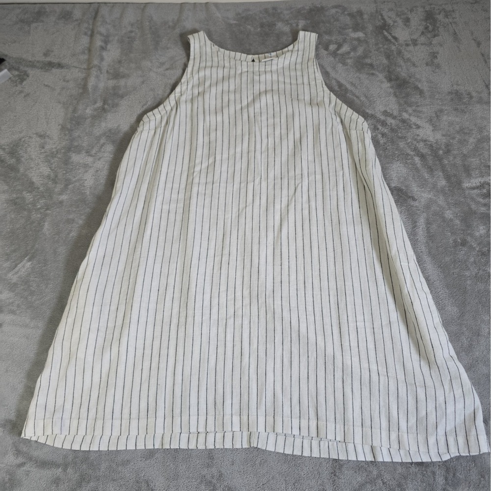 A New Day Linen Dress Womens XL Creamy White Black Striped Sleeveless Casual